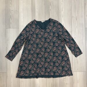 Seasalt Cornwall US 16 Sea Cruise Tunic Knit Top Green Floral Cotton V-Neck